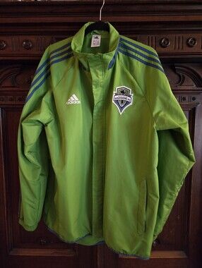 Adidas Lime Green Seattle Sounders FC Windbreaker Jacket with Navy Crest L